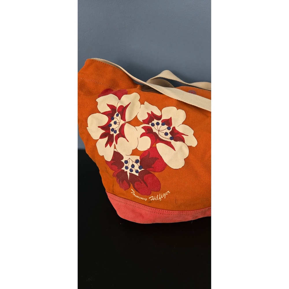 Tommy Hilfiger Orange Floral Canvas Tote Bag Shoulder Strap Large Handbag - Picture 3 of 9